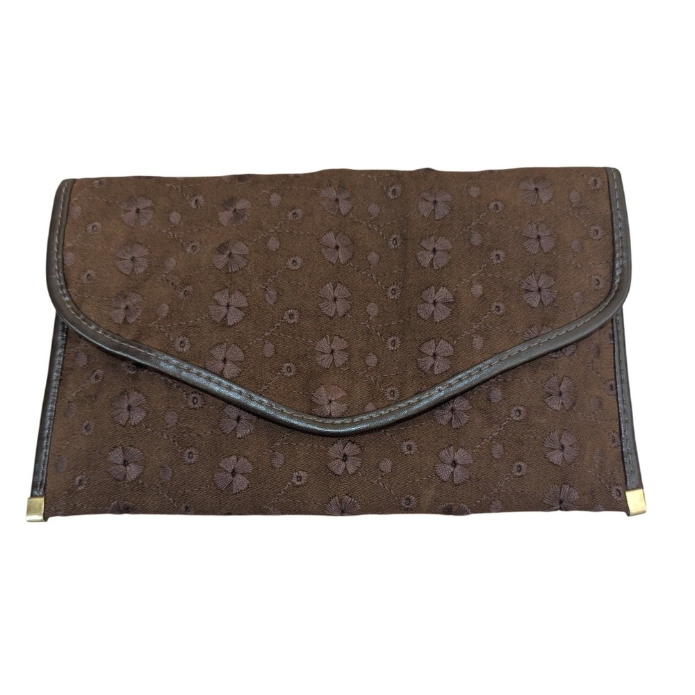 Vintage Envelope Clutch Medium Brown Floral Eyelet Gold Chain Strap Earthy Tones